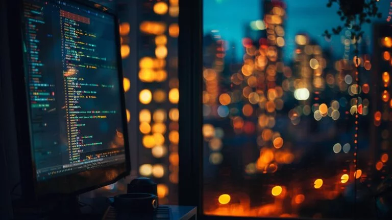 Computer screen displaying code with city skyline bokeh lights in the background at dusk.