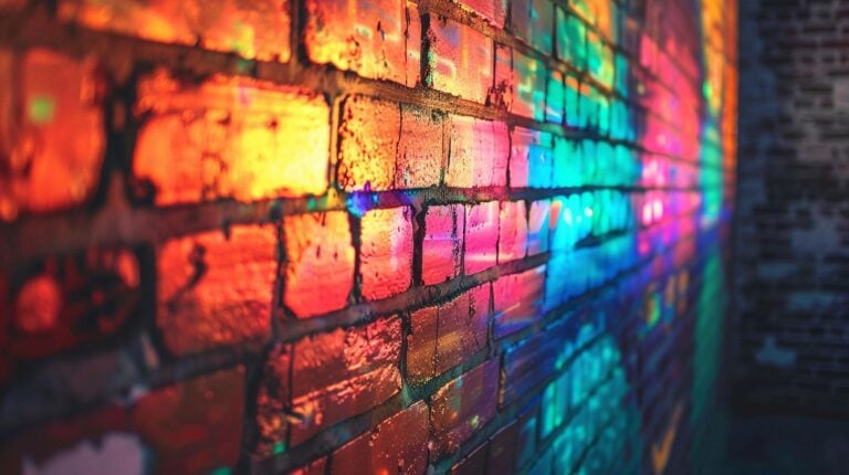 Colorful light reflections on a brick wall creating a vibrant spectrum effect.