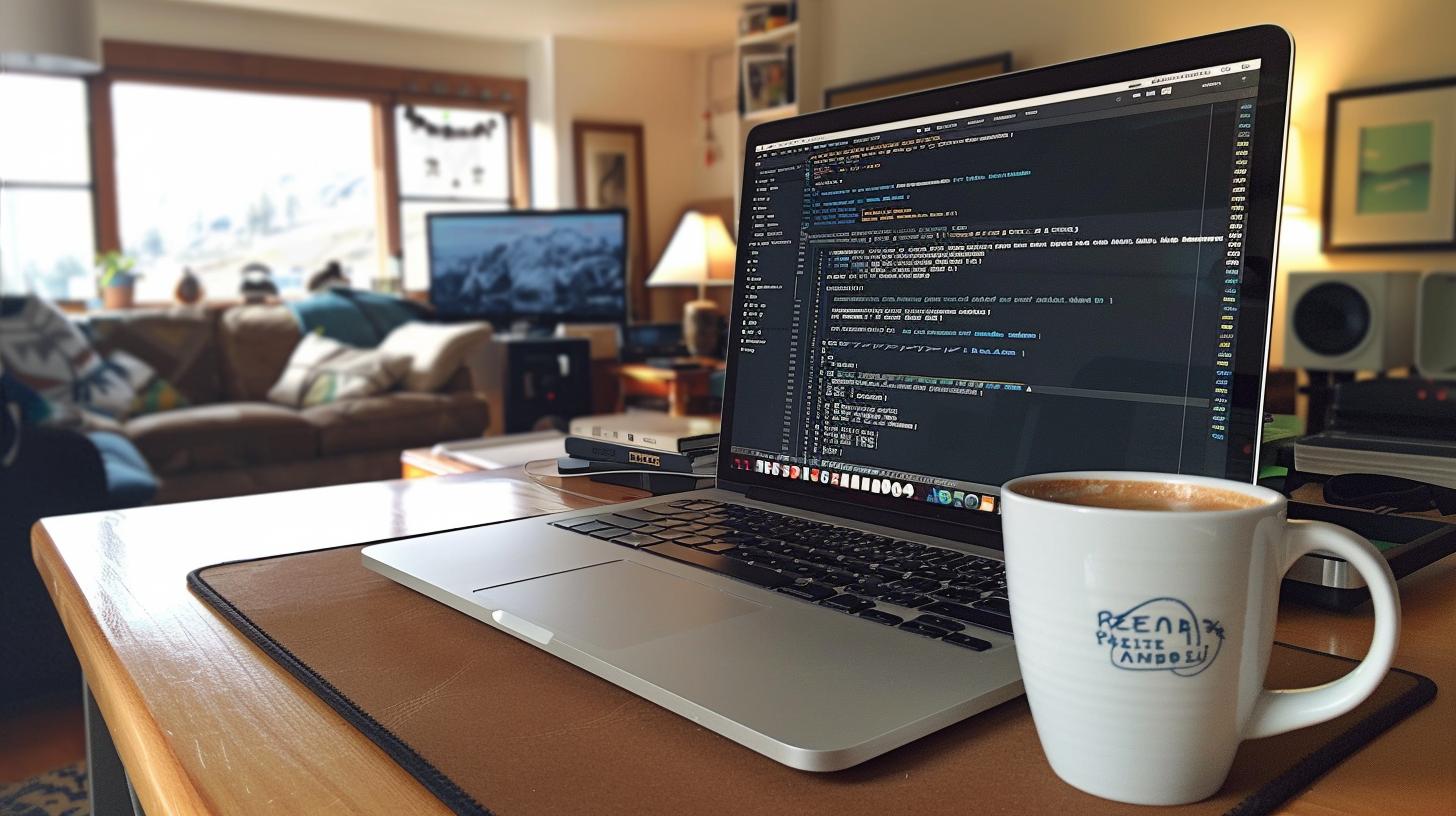 Cozy home office with laptop displaying code, external hard drive, and a cup of coffee on a wooden desk.