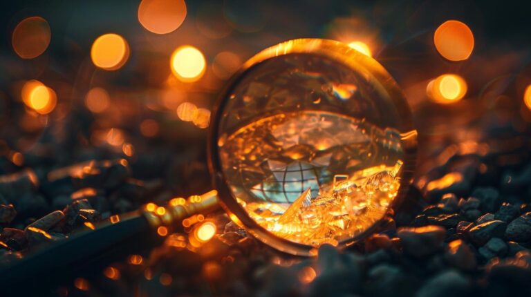 Close-up of a crystal ball on gravel with warm bokeh light effect.