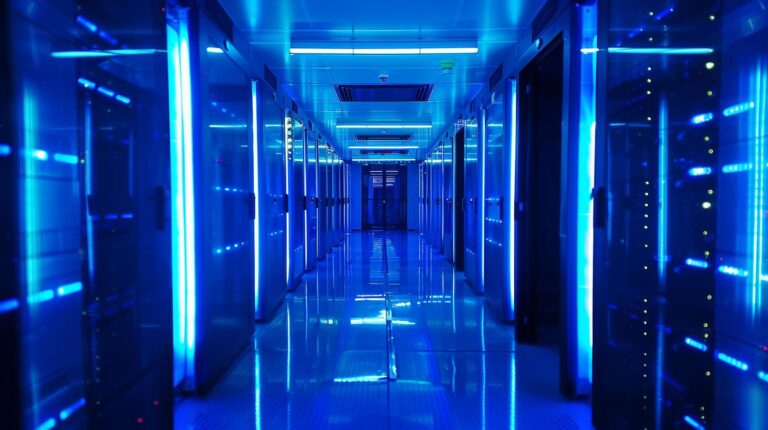 Data center aisle with blue LED lighting on server racks