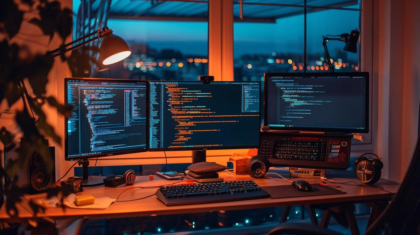 Dual monitor programming workstation setup with code on screens at night time.