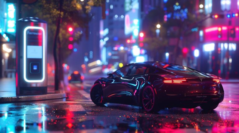 Electric sports car charging at a futuristic station on a rainy city street at night with neon lights.