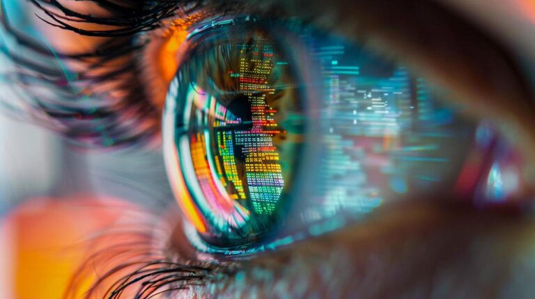 Close-up of a human eye reflecting colorful digital data visualization.