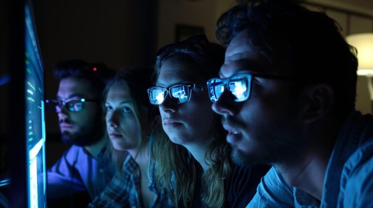 Four people wearing glasses looking intently at a computer screen in a dimly lit room.