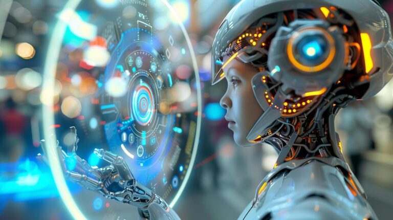 Futuristic AI robot with human-like features interacting with holographic interface technology in a high-tech environment.