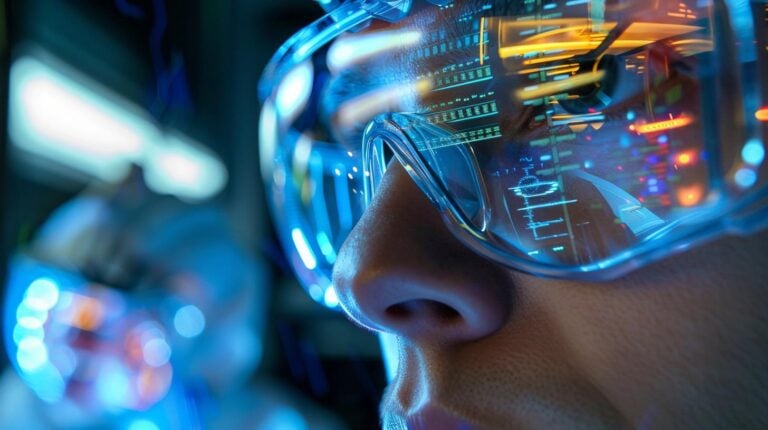 Close-up of a person wearing futuristic augmented reality glasses with glowing blue light reflections.