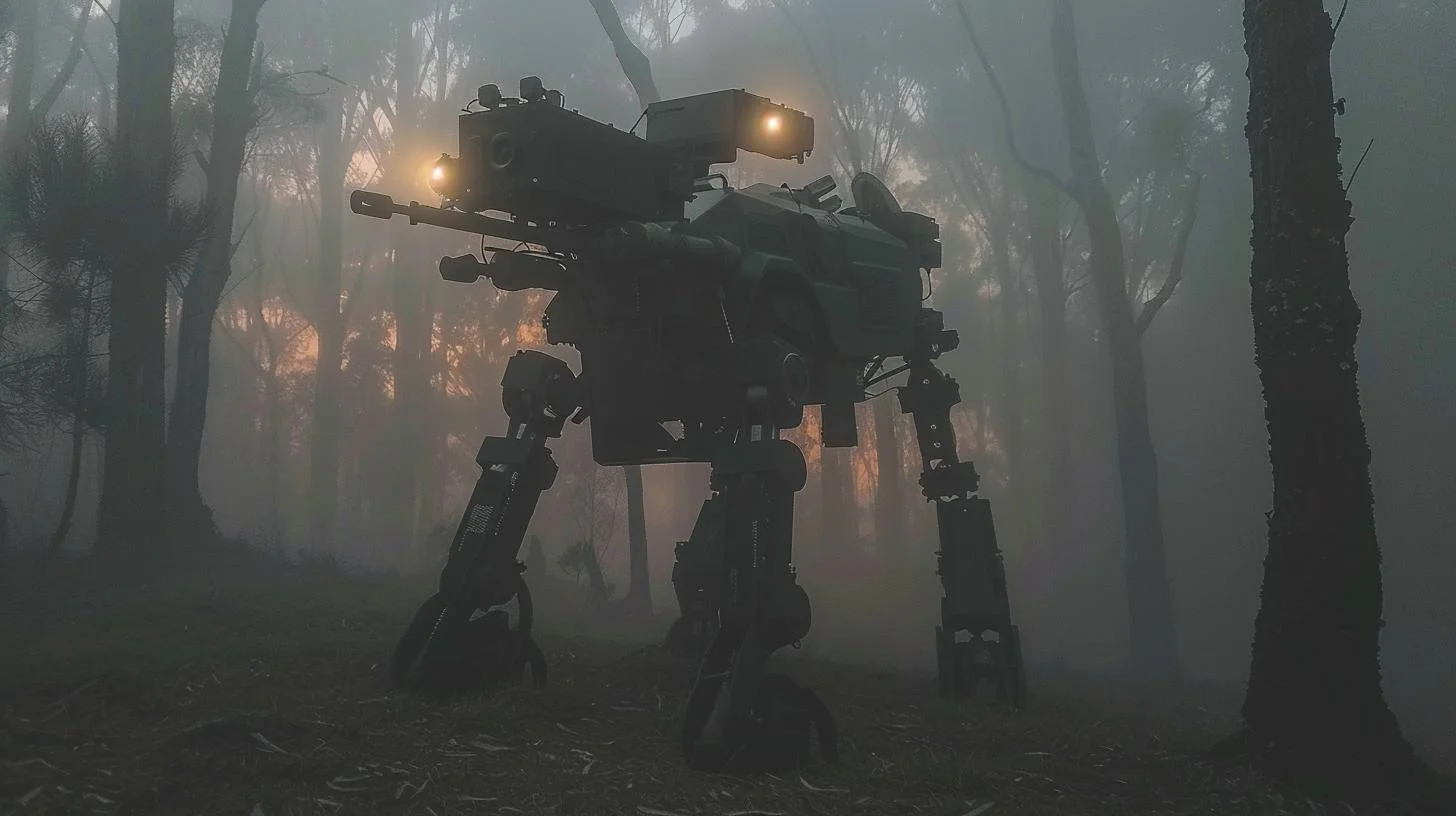 Futuristic combat robot in misty forest during sunrise.