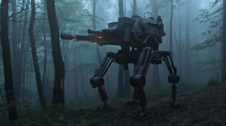 Futuristic combat walker robot in a misty forest setting.