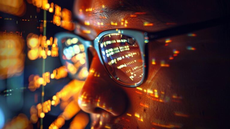 Close-up of a person wearing glasses reflecting stock market data with bokeh lights in the background.