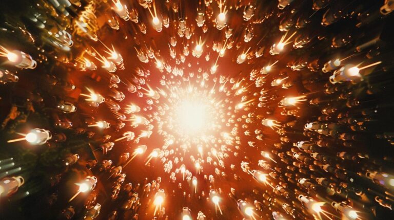 Abstract image of glowing light particles converging towards a bright center, creating a fiery tunnel effect.