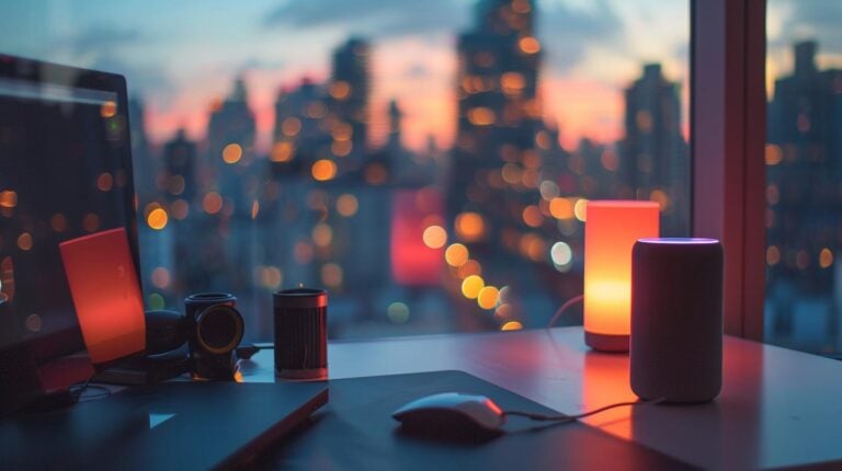Home office setup with computer and smart speakers against a backdrop of a city skyline during sunset