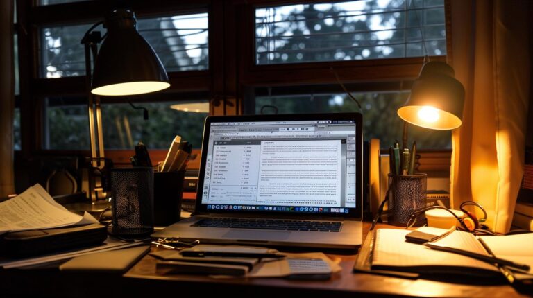 Home office setup with open laptop, desk lamp, and stationery on a wooden desk at dusk