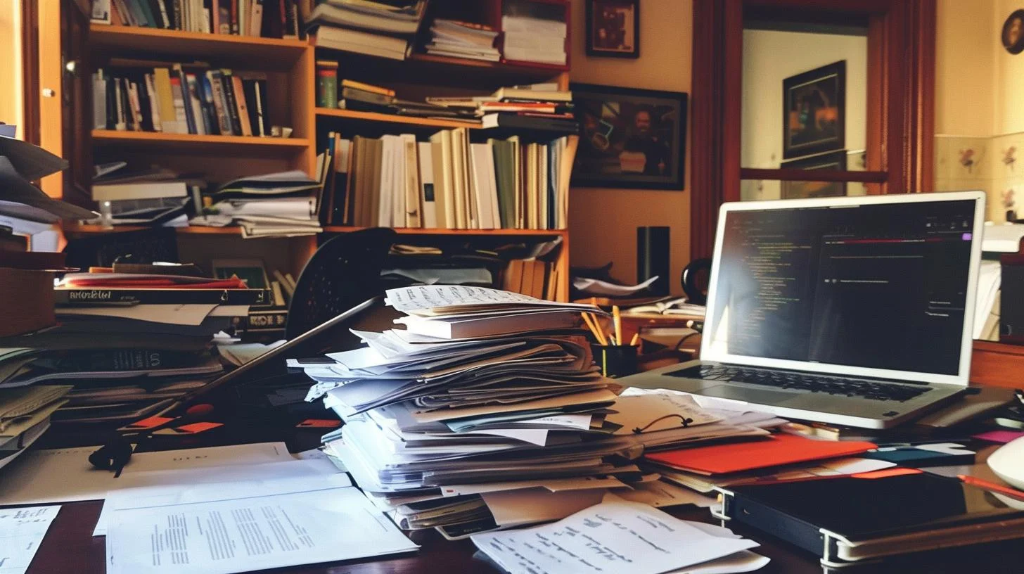 Home office with laptop and piles of paper and books on a cluttered desk.