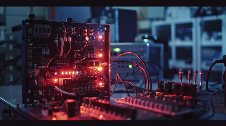 Illuminated electronic modular synthesizer and audio equipment in a music studio setting.