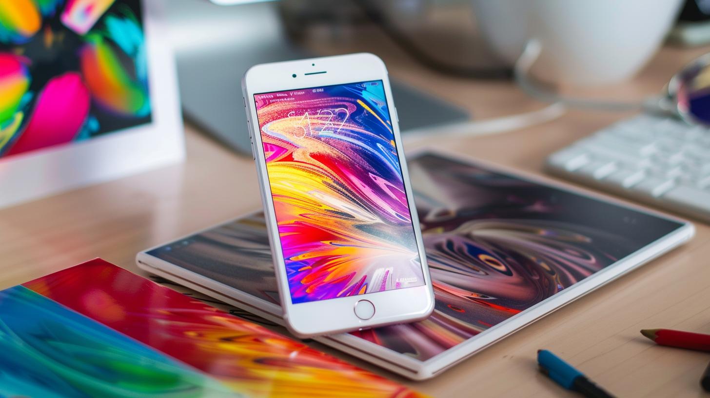 iPhone and iPad with colorful abstract wallpapers on a desk with creative design elements.