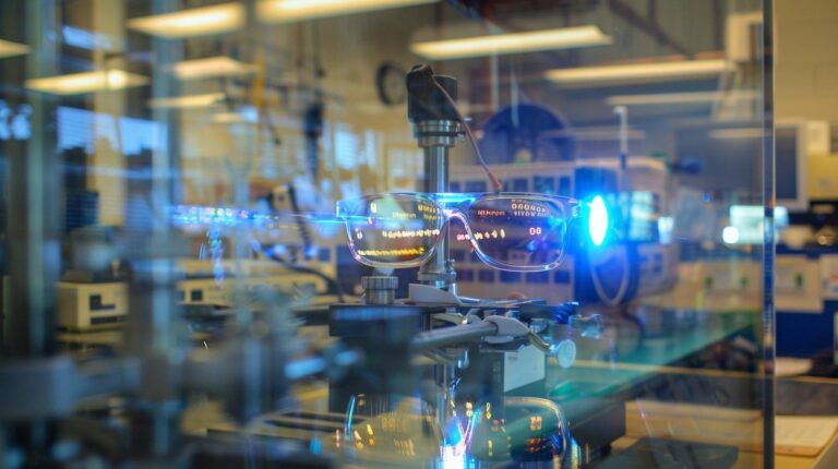 Laboratory experiment with optical lenses and blue laser light in a science research facility.