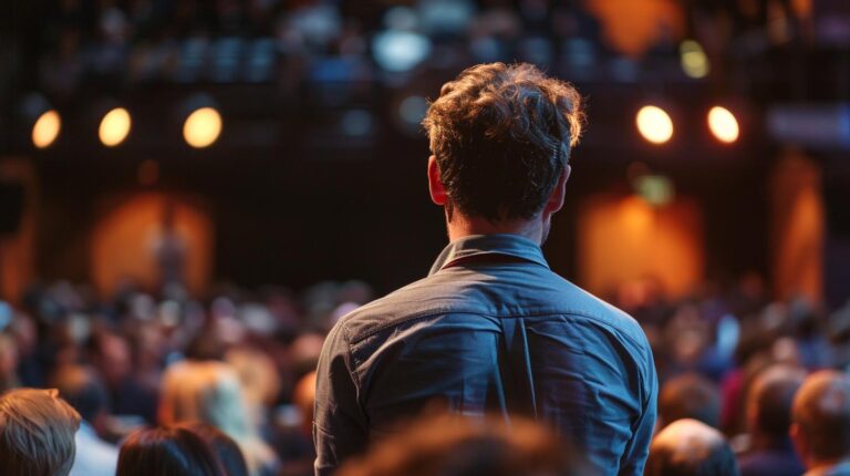 Man standing in front of an audience at a theater event with stage lights in the background