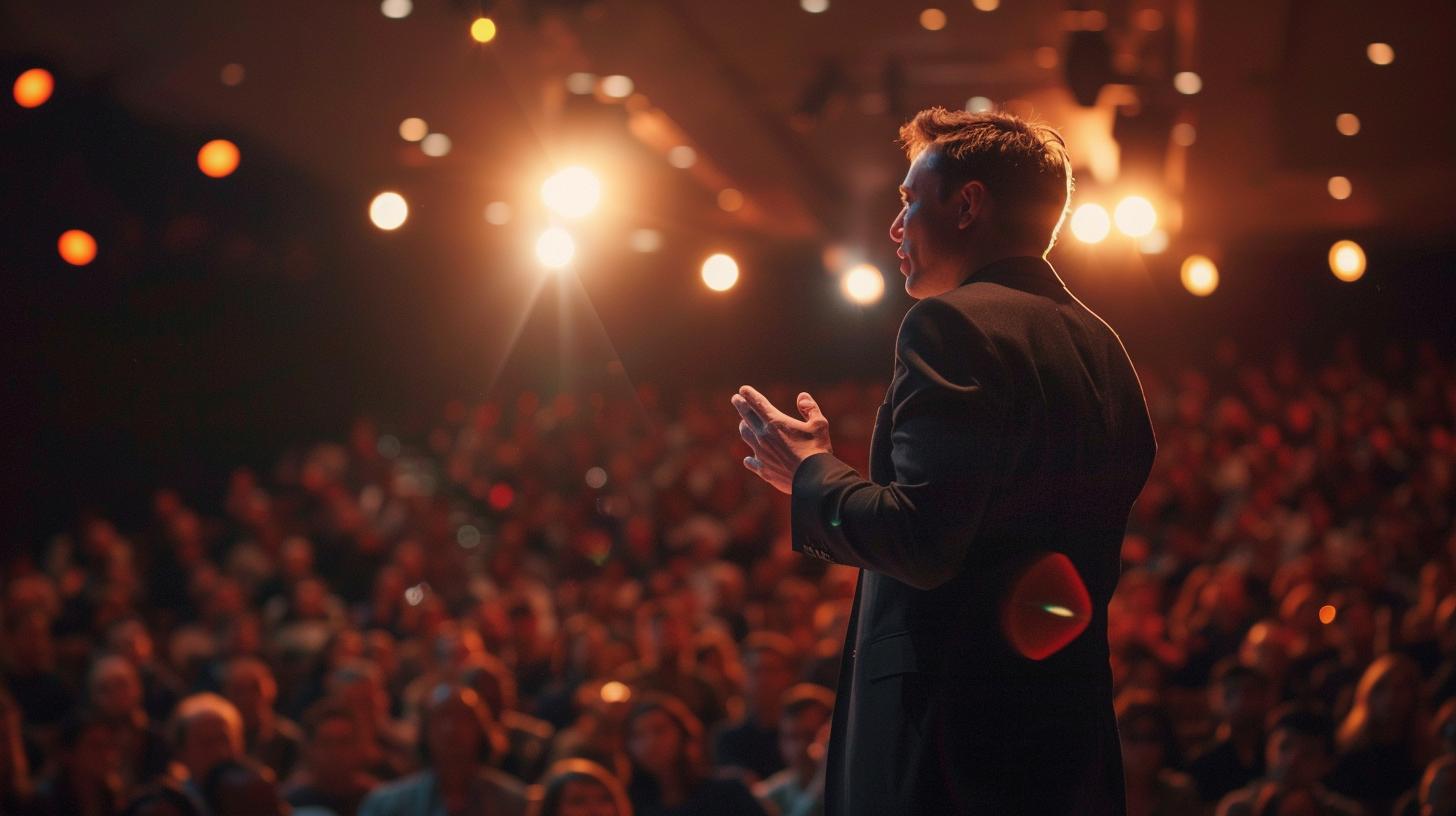 Man giving a presentation to an audience in a dimly lit conference hall.