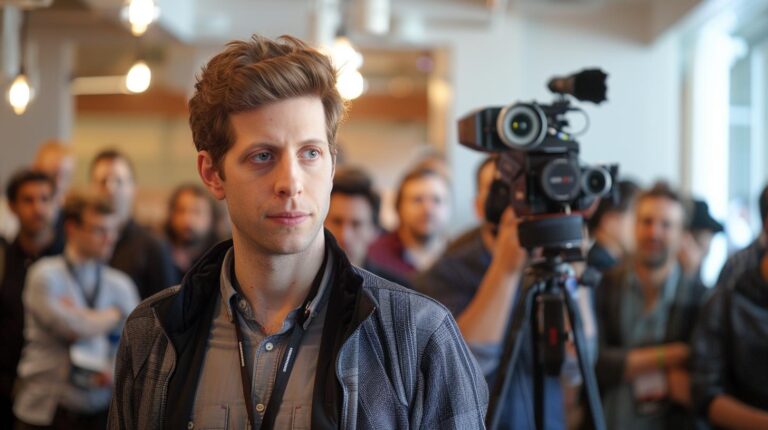 Man standing in front of a video camera with blurred background of people in a conference room.
