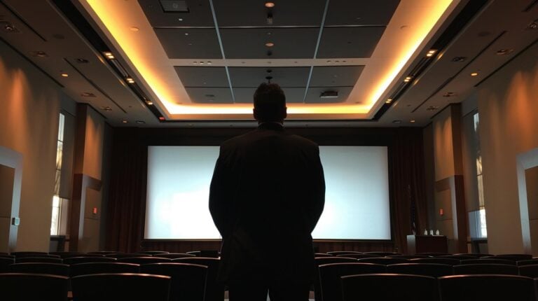 Man standing in front of empty chairs facing a projector screen in a conference room.