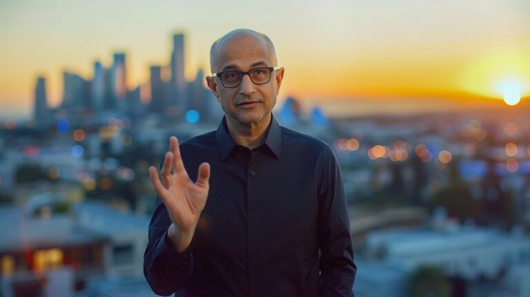 Man in glasses gesturing with blurred city skyline and sunset in the background