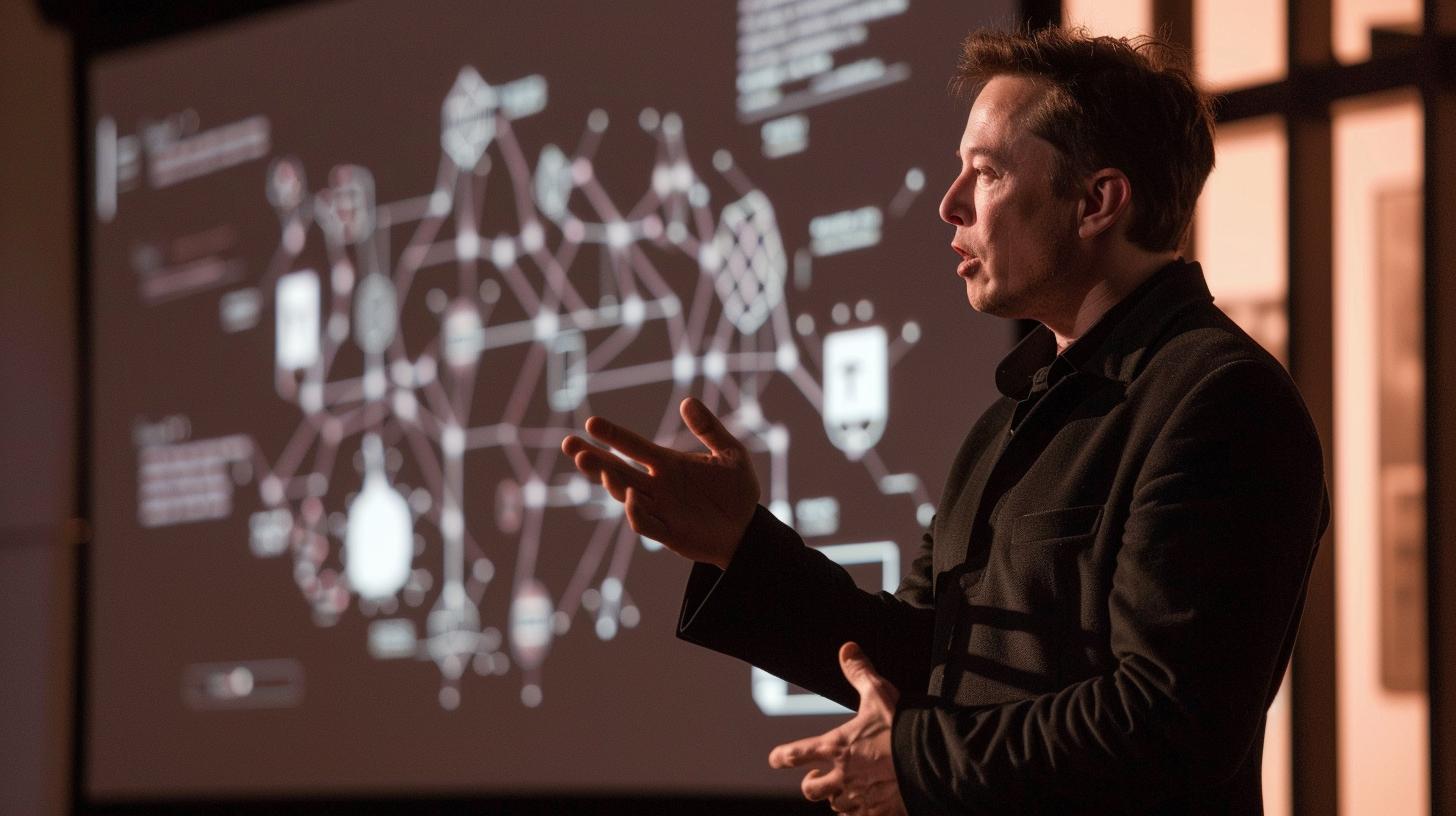 Man presenting at a conference with a network diagram projected in the background.