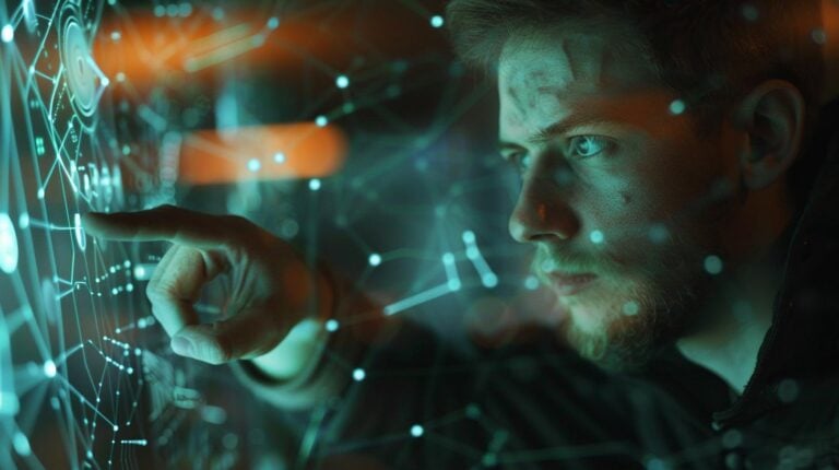 Man interacting with futuristic digital interface with glowing connection lines