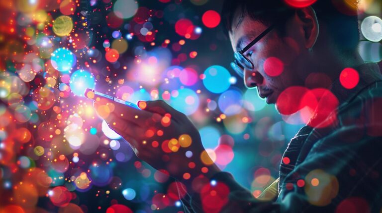 Man using smartphone with colorful bokeh lights in background.