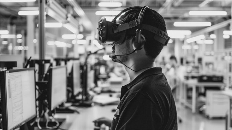 Man wearing virtual reality headset in a tech industrial workspace.