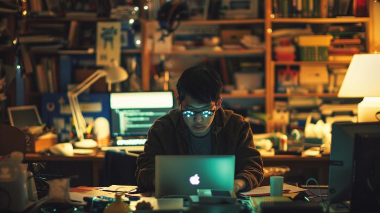 Man working on laptop in a cluttered and cozy home office at night.
