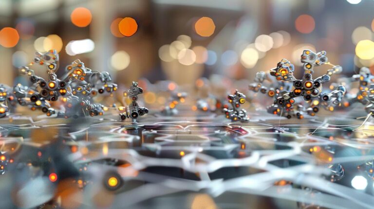 Abstract 3D render of metallic structures with glowing elements on a reflective surface with bokeh lights in the background.