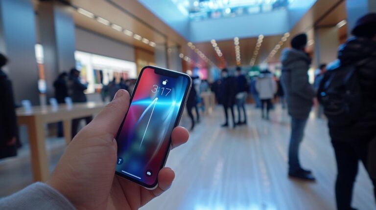 Person holding a smartphone inside a tech store with blurred customers in the background