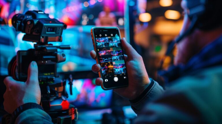 Person holding a smartphone with camera grid view against a backdrop of a professional video camera and colorful blurred lights.