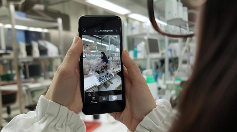 Person taking photo with smartphone in a laboratory setting.