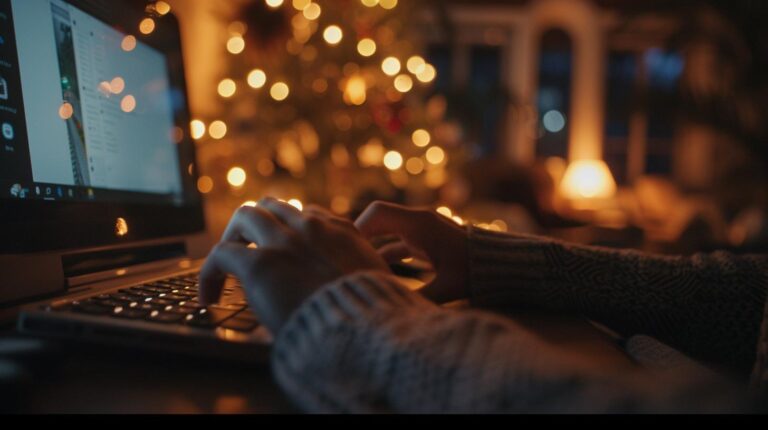 Person typing on laptop keyboard with blurred Christmas lights in background.
