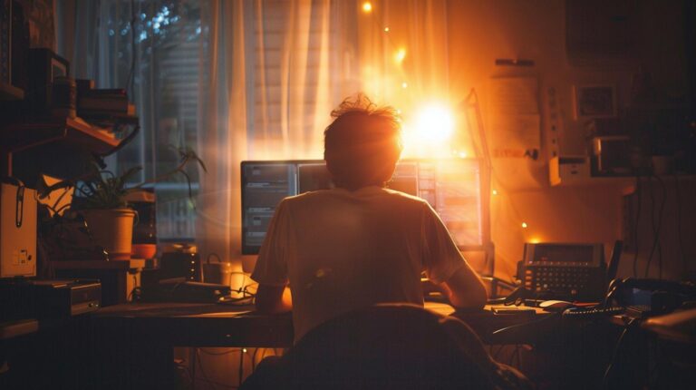 Person working on multiple computer monitors in a dimly lit room with sunset light coming through the window.
