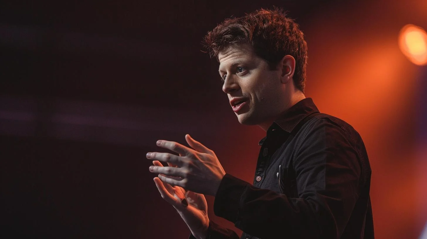 Professional speaker presenting on stage with orange lighting in the background