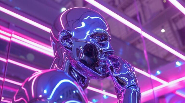 Reflective chrome robot head with neon lights background.