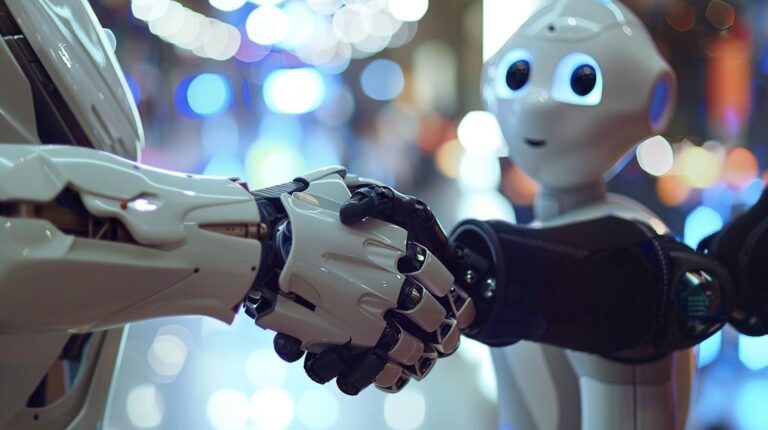 Robot hand shaking hands with humanoid robot against a blurred background of colorful lights.