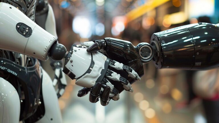 Close-up of two robotic arms with intricate finger mechanisms against a blurred background at a technology expo.