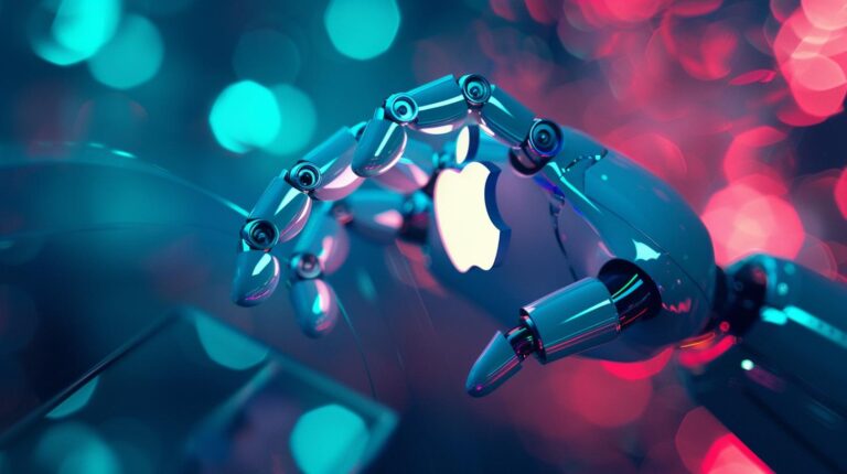 Robotic hand with futuristic design holding a glowing apple symbol against an abstract bokeh light background.