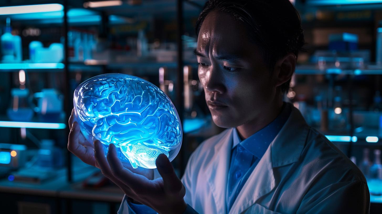 Scientist examining a glowing brain model in a dark laboratory setting