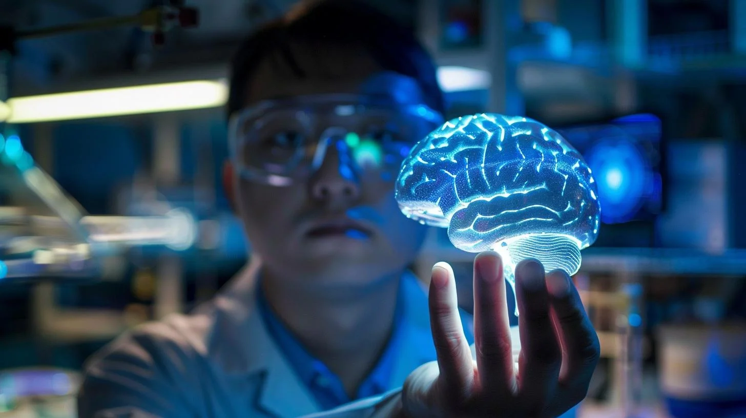 Scientist holding a glowing brain model in a high-tech laboratory setting