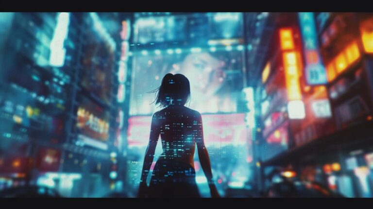 Silhouette of a woman against futuristic cityscape with neon lights at night.