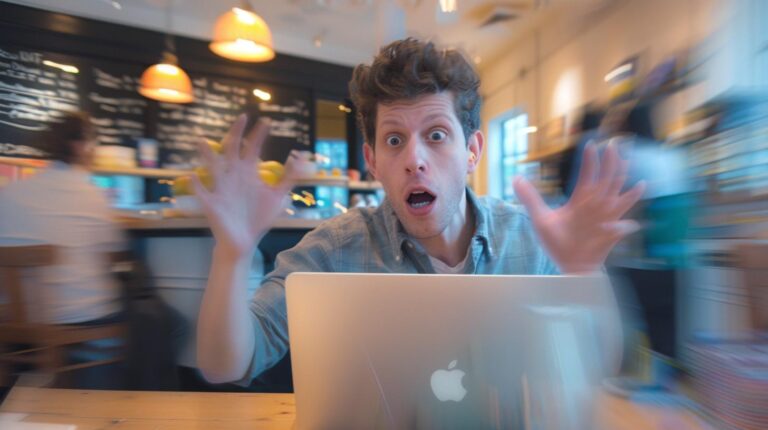 Surprised man with shocked expression working on laptop in a cafe with blurred background