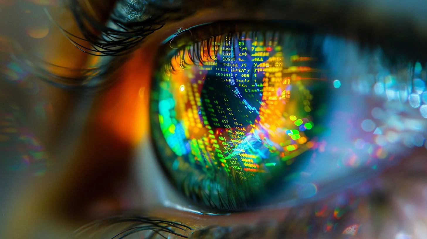 Close-up of a human eye reflecting colorful digital code, symbolizing technology vision concept.