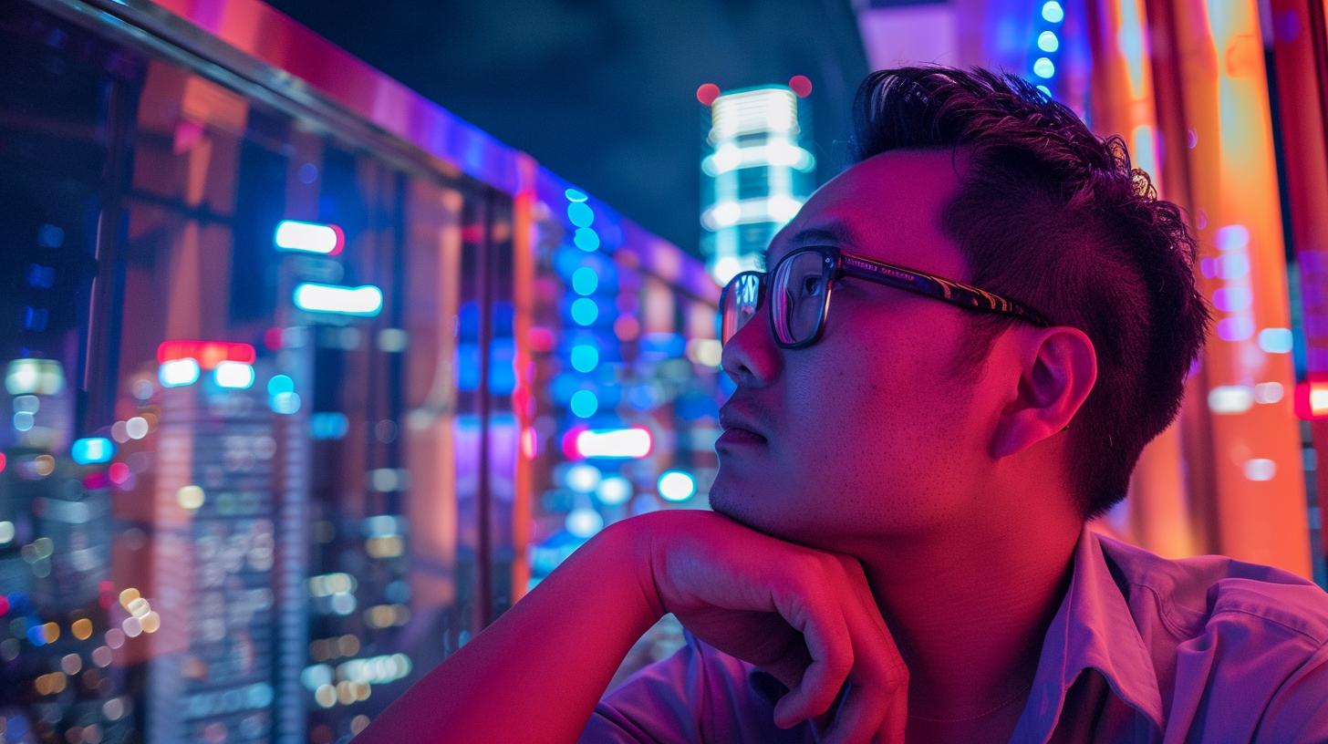 Man in glasses looking thoughtful with colorful neon city lights in the background at night.