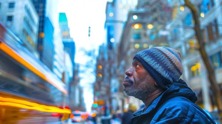 Man in beanie hat looking thoughtfully in a blurred cityscape with passing traffic lights at dusk.