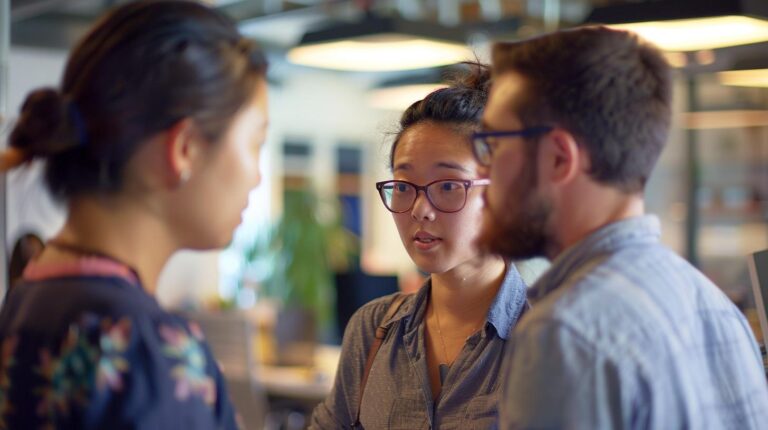 Three young professionals engaged in a discussion in a modern office environment.